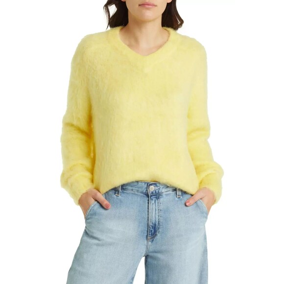 Madewell Size M Brushed V-Neck Sweater Heather Lemon Pullover Alpaca Wool NWT - Picture 1 of 12